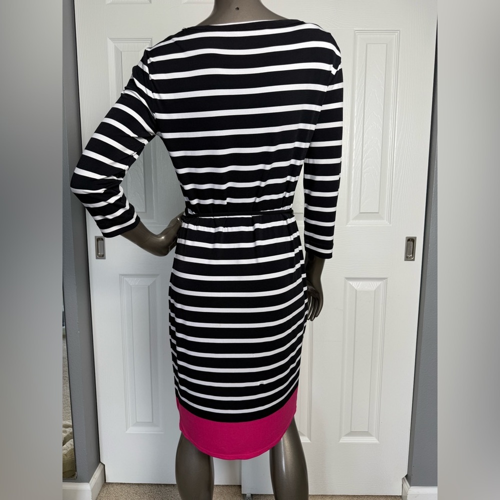 Liz Claiborne Dress Women's Sz S Belted Sheath 3/4 Sleeve Knee Length Striped - Picture 8 of 12